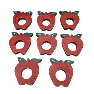 Wooden Apple-Shaped Napkin Rings Hand-Painted Fruit Set of 8